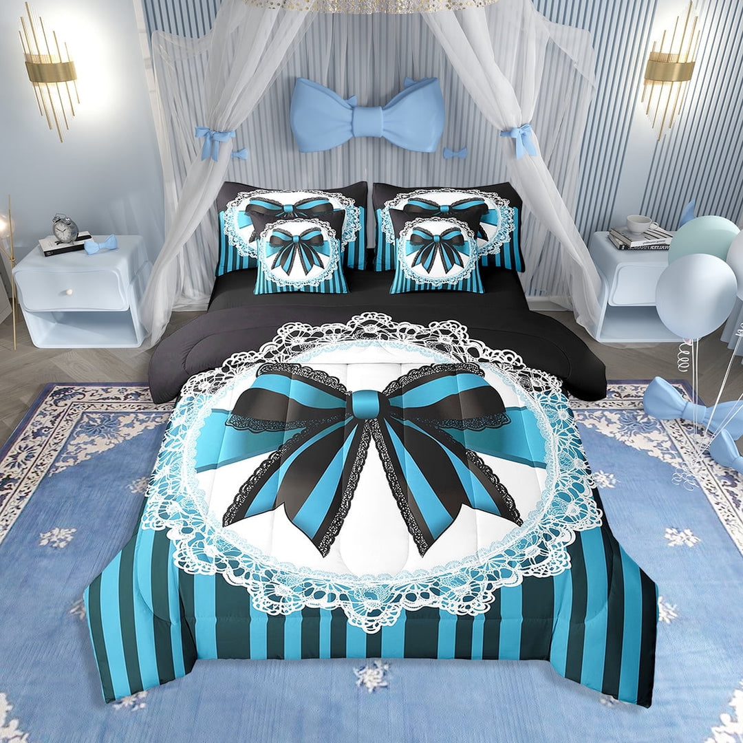 Erosebridal Striped Bowknot Bed in a Bag Twin size, Blue Black Bed Set, Lace Bow Room Decor, Reversible 7 Pieces