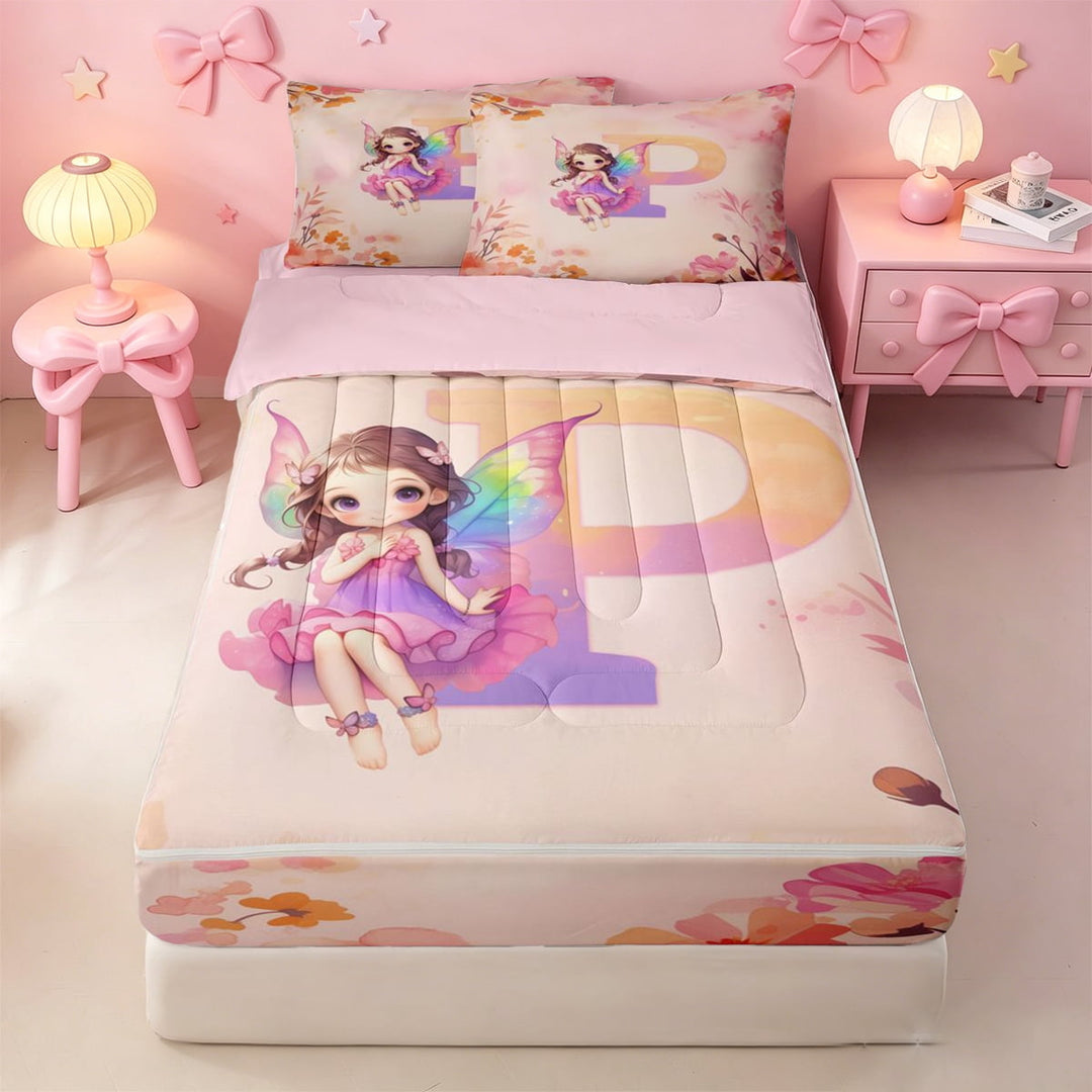 meiyoeat Personalized Initial P Zipper Twin Comforter Sets with Fitted Sheet and 2 Pillowcases,Vintage Botanical Flowers Zipper Bedding Set For Girl,Pink Reversible,4 Pieces