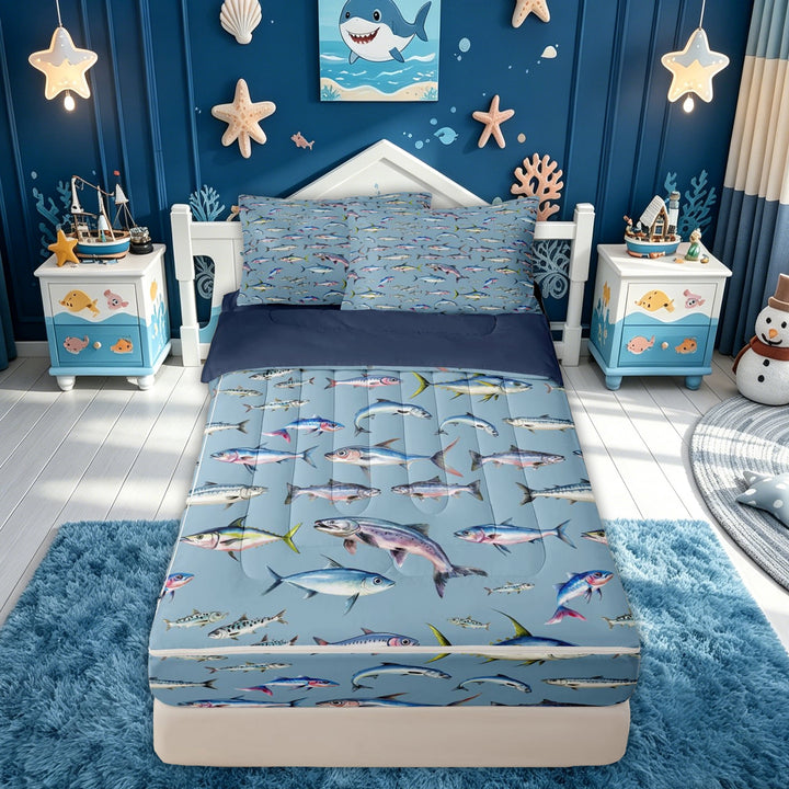 meiyoeat Tropical Fish Zipper Comforter Set with Fitted Sheet and 2 Pillowcases for Kids, Watercolor Starfish Animal Zipper Bedding Set, Blue, Blue Reversible, 3-Piece