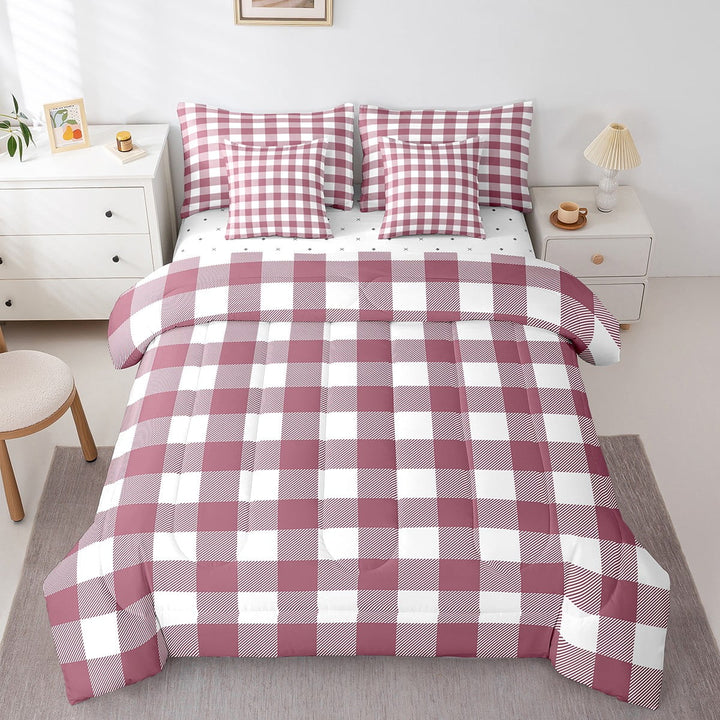 Erosebridal Buffalo Plaid Bedding Sets Twin Size,Geometric Grid Comforter Sets with Sheets,Abstract Artwork Bed in a Bag Twin size,Microfiber Checkerd Bedroom Decoration,7pcs