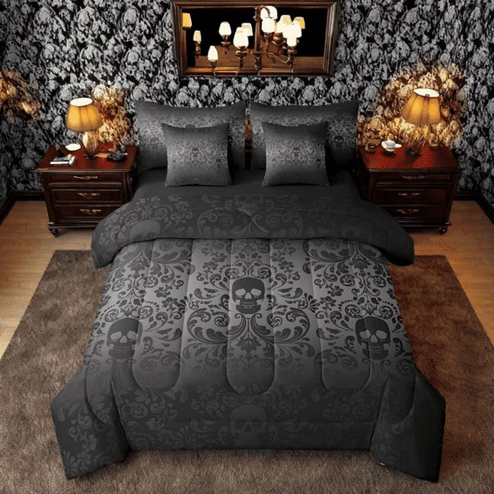 Erosebridal Damask Gothic Bedding Set Adults, Victorian Bed in a Bag King Size Comforter Set 7 Pieces,Black Sugar Skull Vintage Floral Skeleton Bohemian Baroque Bed Set