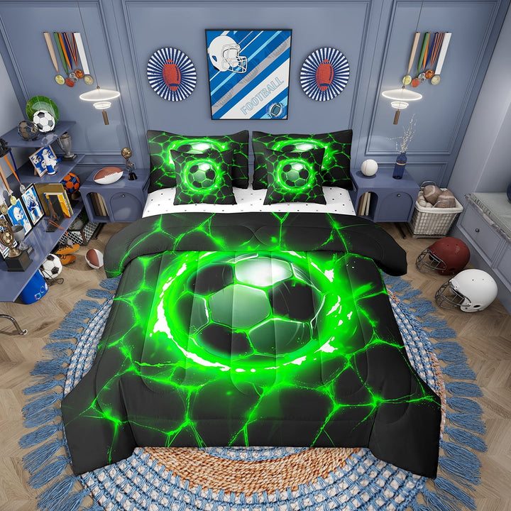Eosebridal Soccer Comforter Set Twin Size 7 Pieces Football Games Green Geometric Stripes Bedding Set Sports Theme Bed in a Bag with Comforter,Sheets