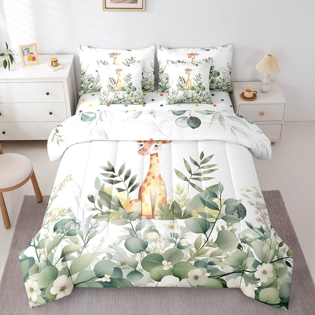Cartoon Giraffe Twin Comforter Set 7 Pieces Woodland Wildlife Bedding Comforter Sets, Spring Bed in a Bag Eucalyptus Leaf Bedding Set, Jungle Animal Theme Bed Sheets Set Room Decor