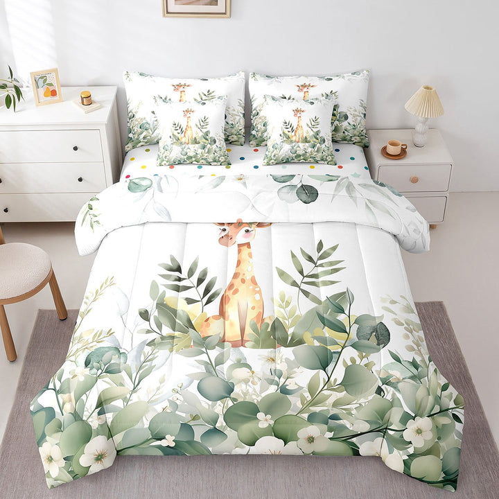 Cartoon Giraffe Twin Comforter Set 7 Pieces Woodland Wildlife Bedding Comforter Sets, Spring Bed in a Bag Eucalyptus Leaf Bedding Set, Jungle Animal Theme Bed Sheets Set Room Decor