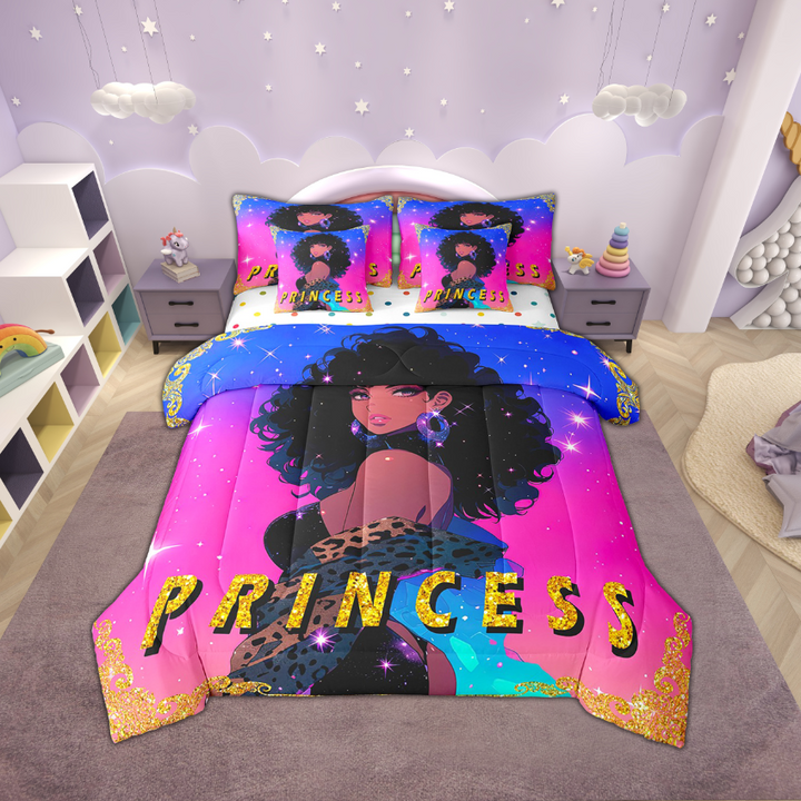 Black Woman 7 Piece Comforter Set Full Bed in a Bag,American African Black Bedding Sets Afro Hair Princess Melanin Leopard Print Galaxy Sheet Set with Comforter