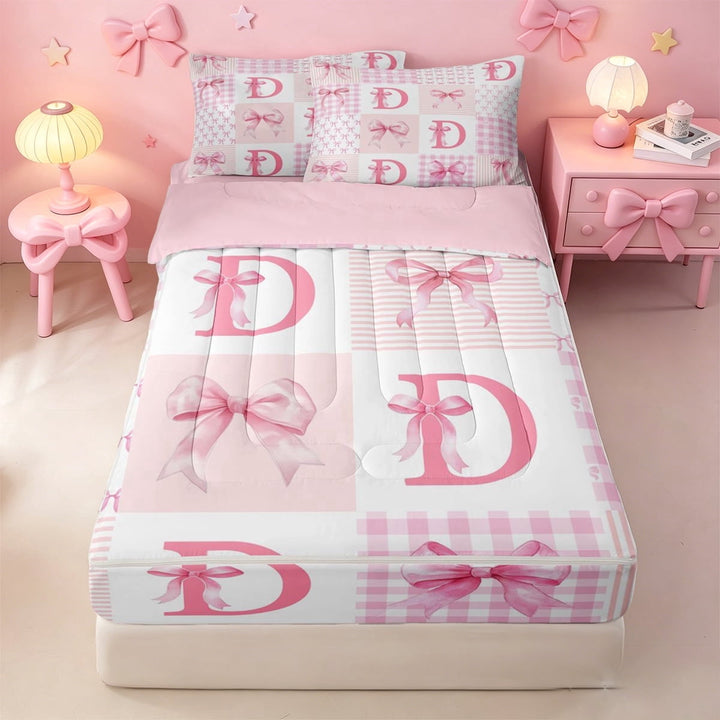 meiyoeat Ribbon Letter Print D Zipper Twin Comforter Sets with Fitted Sheet and 2 Pillowcases For Kids,Pink Patchwork Geometric Plaid Zipper Bedding Set,Pink Reversible,4-Piece