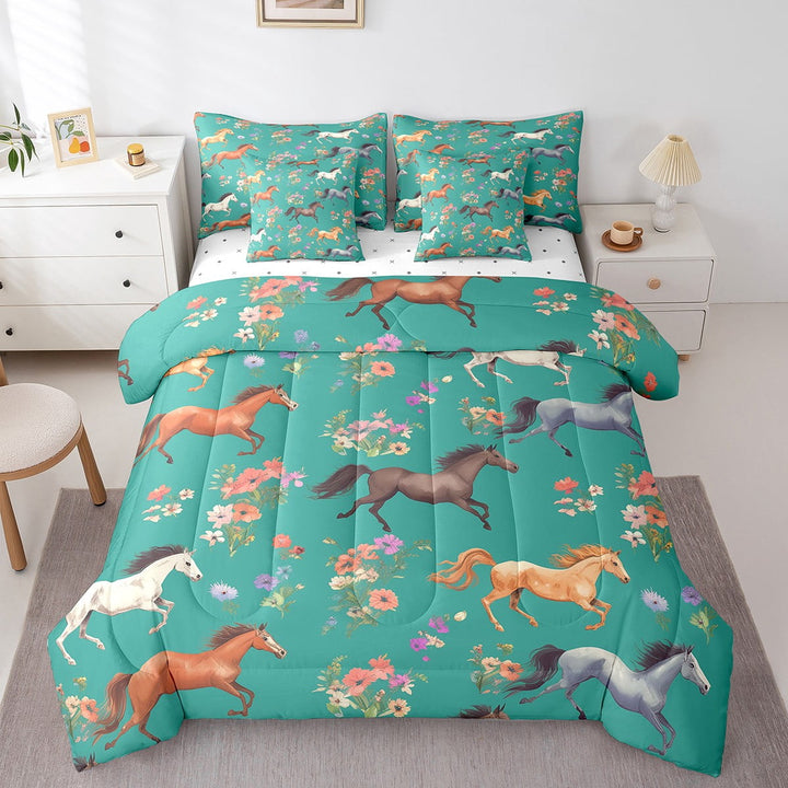 Horse Bed in a Bag Full 7 Pieces,Farmhouse Western Animals Comforter Set Reversible Pink Purple Flowers Design,Ultra Soft &amp; Breathable Bedding Sets with Comforter,Sheets,Pillowcases &amp; Shams