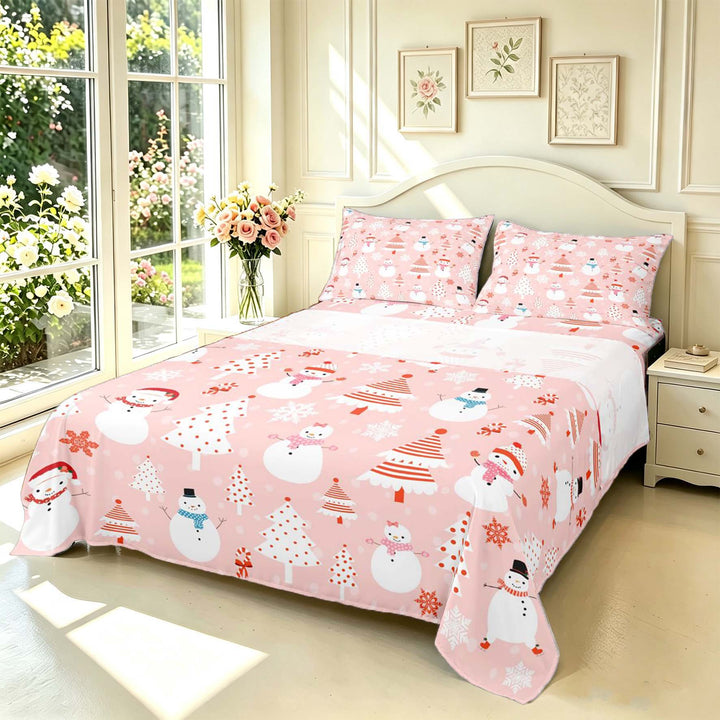 Manfei Cute Snowman Bed Sheets,Polka Dot Christmas Tree Full Size Sheets,Pink,4pcs,1 Flat Sheet,1 Fitted Sheet and 2 Pillowcases