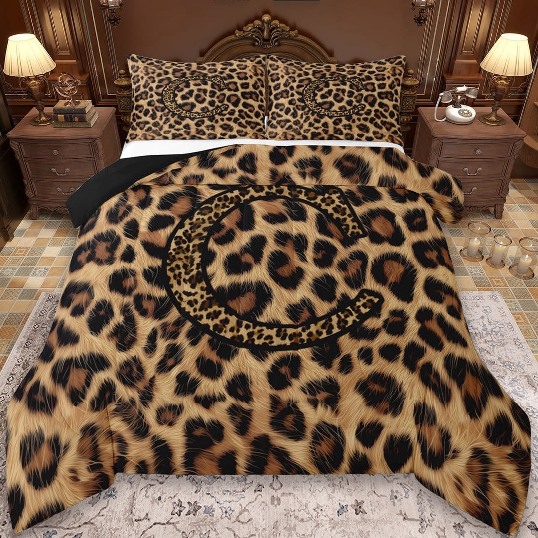 Erosebridal Cheetah Print Full Size Comforter Sets For Women,Letter C Monogrammed Bedding Sets For Girls Kids,Reversible Black 3pcs