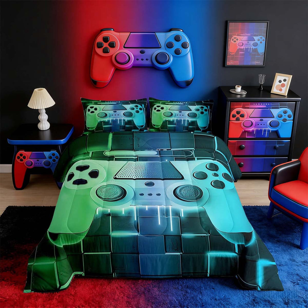Green Teal Gaming Full Size Comforter Sets - Gamer Comforter Full Size Bedding Set, Neon Lights Abstract Geometry Design Gamer Room Decor