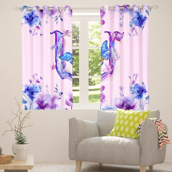 Manfei Letter U Monogrammed Blackout Curtains,Watercolor Rustic Flowers Curtains Pack of 2 (38x45 Each),Cute Butterflies Window Curtains For Girls,Microfiber Room Decorative