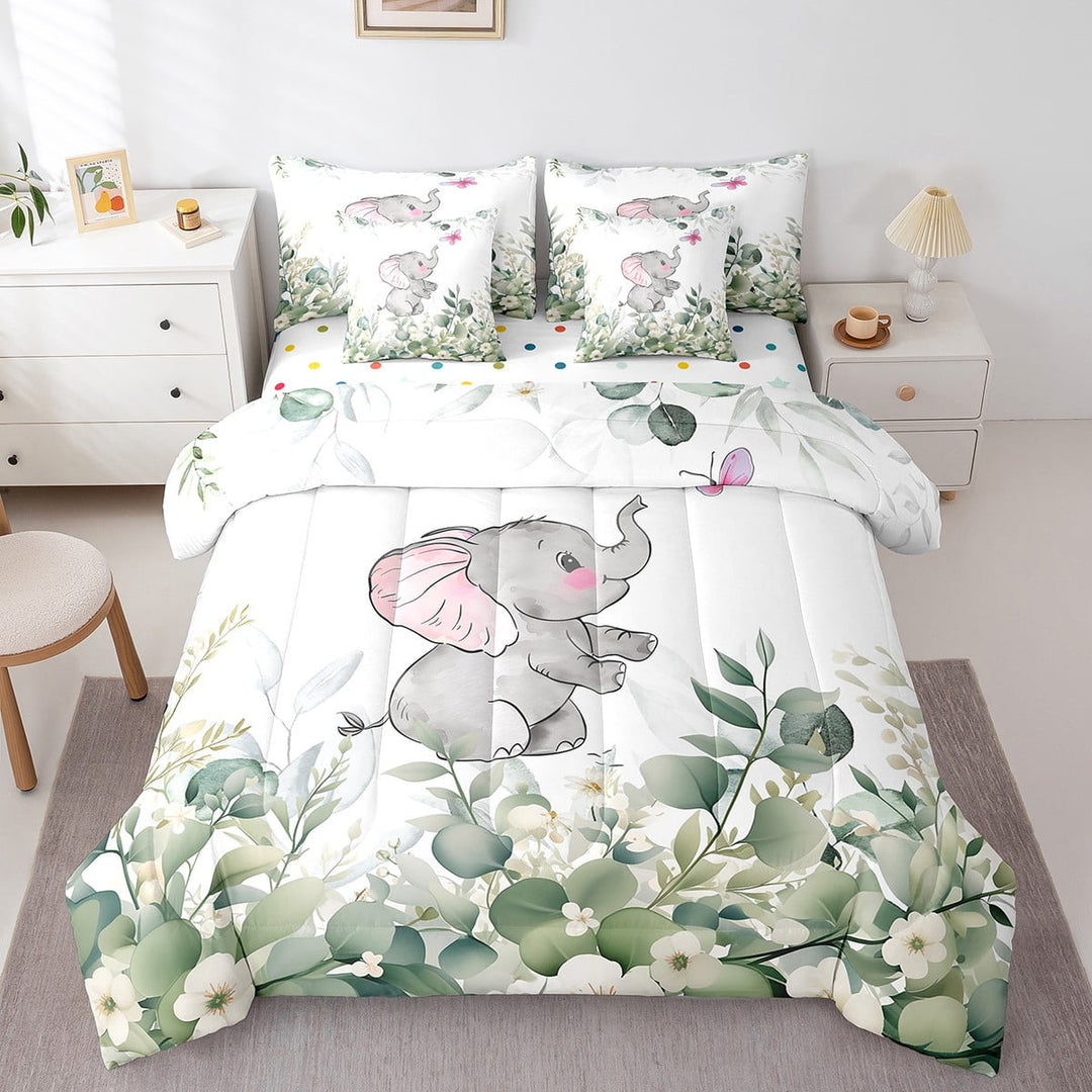 Erosebridal Cartoon Elephant Bed in a Bag 7-Piece Woodland Wildlife Bedding Set, Spring Plant Twin Comforter Set Eucalyptus Leaf Bedding Comforter Sets, Jungle Animal Theme Bed Set Room Decor