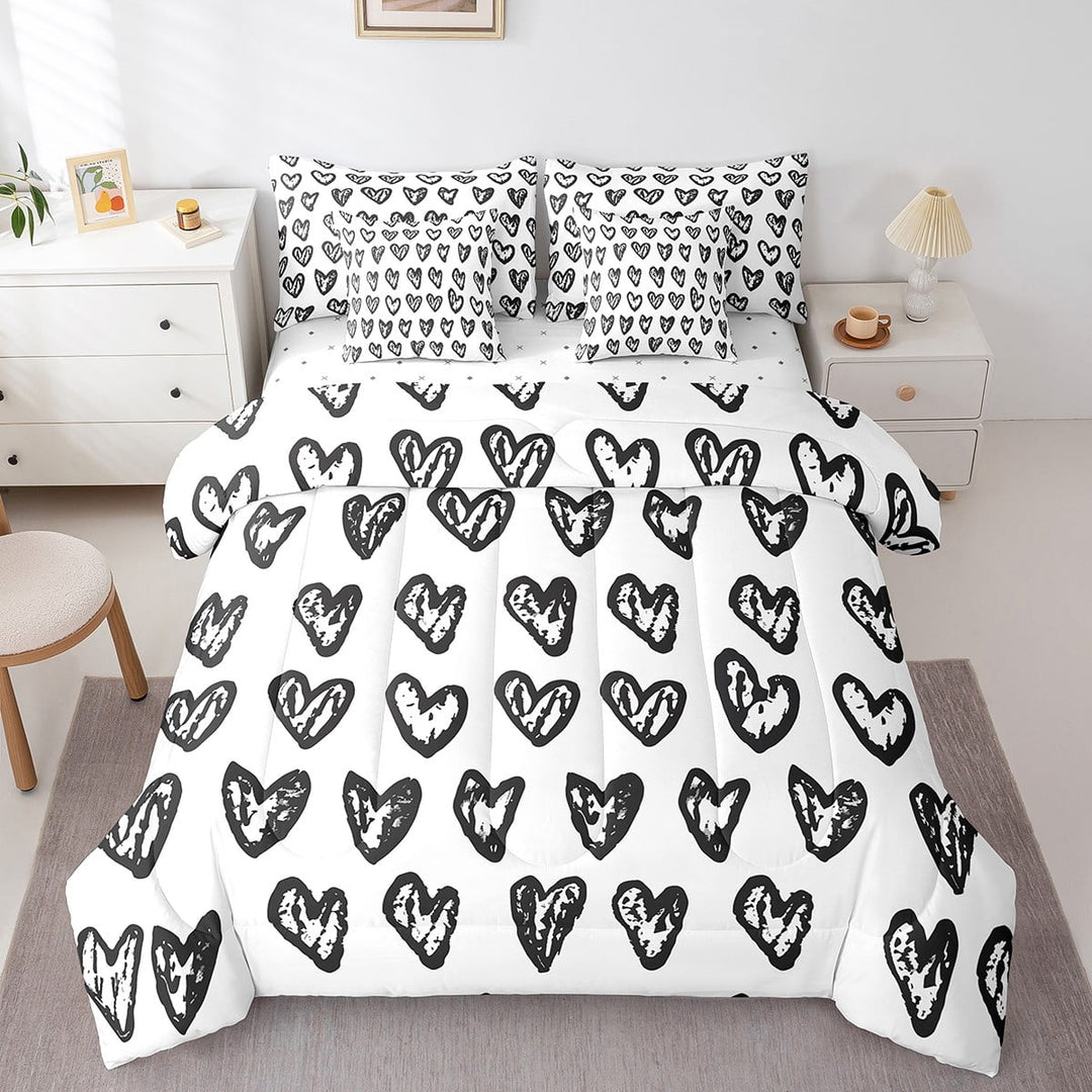 Love Full Size Comforter Set - 7 Piece Black and White Heart Shaped Bedding Comforter Set,Love Hearts Bed in a Bag with 1 Comforter,1 Flat Sheet,1 Fitted Sheet,2 Pillowcases &amp; 2 Shams