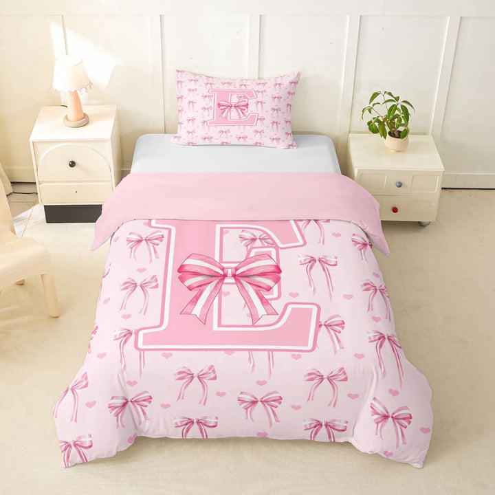 Erosebridal Girls Bow E Letter Monogrammed Twin Bedding,Teens Dreamy Princess Initial Bow Tie Duvet Cover Set,Pink Reversible,2pcs,No Comforter