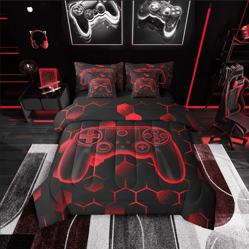 Erosebridal Video Game Bedding Sets Twin Size,Geometric Honeycomb Comforter Sets with Sheets,Gradient Bedroom Decor,Reversible,Breathable,7-Piece