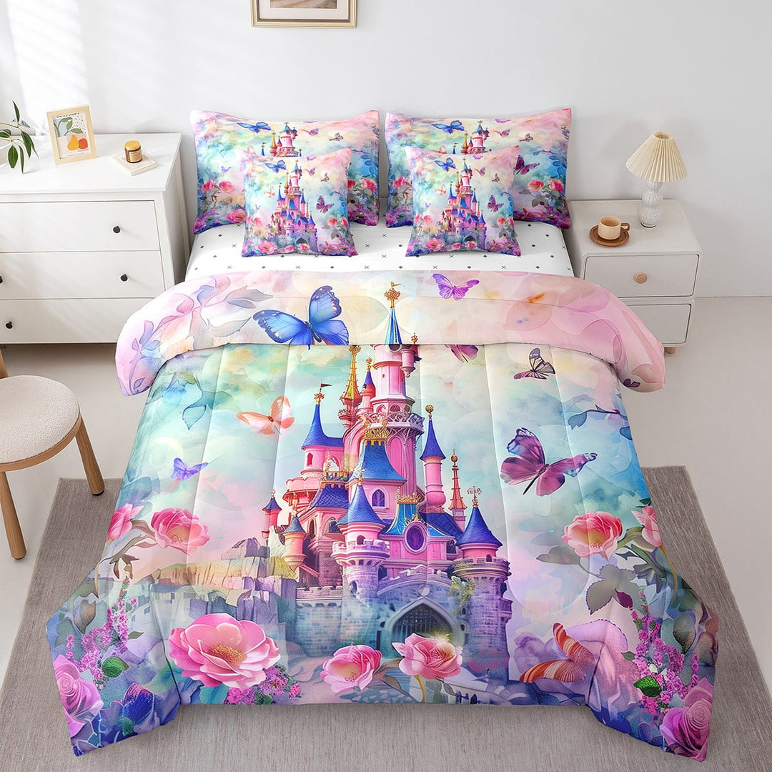 Princess Castle Bedding Comforter Sets 7pcs Chic Butterfly Bed in a Bag, Pink Garden Floral Twin Bedding Sets Watercolor Ombre Comforter Set, Fairy Tales Theme Bedding Sets &amp; Collections