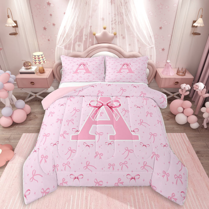 Erosebridal Pink Ribbon Bow Girl Full Size Comforter Sets 3 Pieces,Teens Kawaii A Personalized Initial Bedding Sets,Pink Reversible