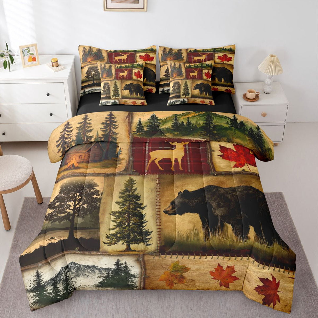 Erosebridal Rustic Farmhouse Comforter Set 7 Pcs Queen,Retro Cabin Lodge Down Comforter,Hunting Bear Deer Bed in a Bag,Country Maple Leaves Duvet Insert,Rustic Woodland Pine Tree Sheets,Red Brown