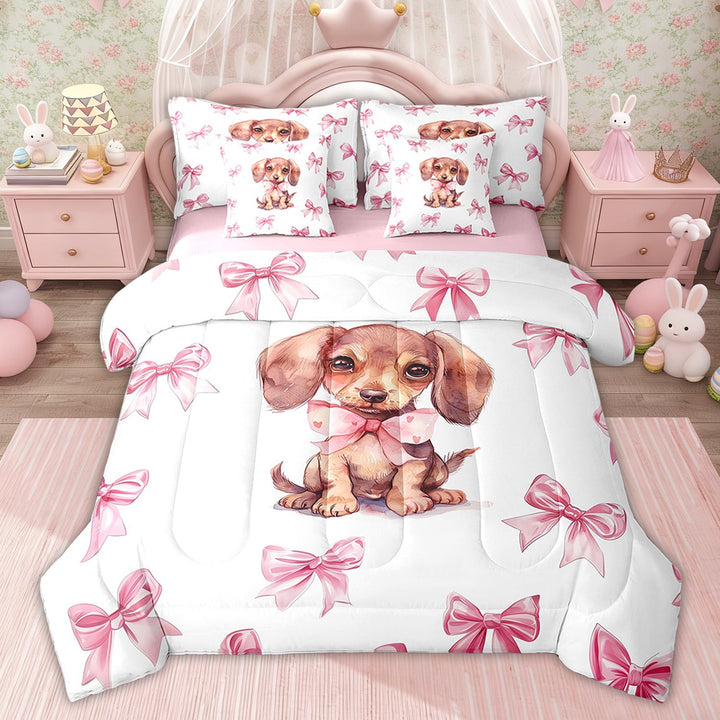 Erosebridal Pink Bow-Tie Bedding Twin Comforter Set, Dachshund Down Comforter, Kawaii Wildlife Decor, Pink Reversible, 7pcs