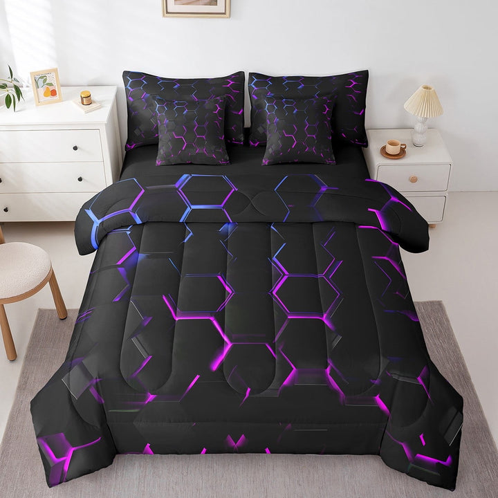 Erosebridal 7 Piece Hexagonal Bedding Set Full 3D Geometric Honeycomb Comforter Set With Sheets Teen Black Blue Purple Ombre Beehive Bed in a bag Neon Light Geometrical Bed Set