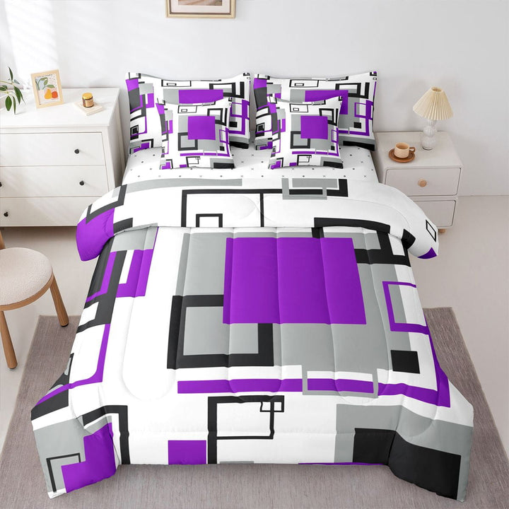 Erosebridal Purple Grey Comforter Set Black White Gray Geometric Gird 7 Piece Bed In A Bag King Women,Geometry Striped Bedding Comforter Sets Modern Abstract Art Bed Set
