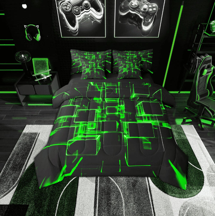 Erosebridal Green Plaid Bedding Sets Twin Size,Futuristic Cubes Comforter Sets with Sheets,Lightweight Reversible Bed in a Bag Twin size,Buffalo Decoration,7pcs