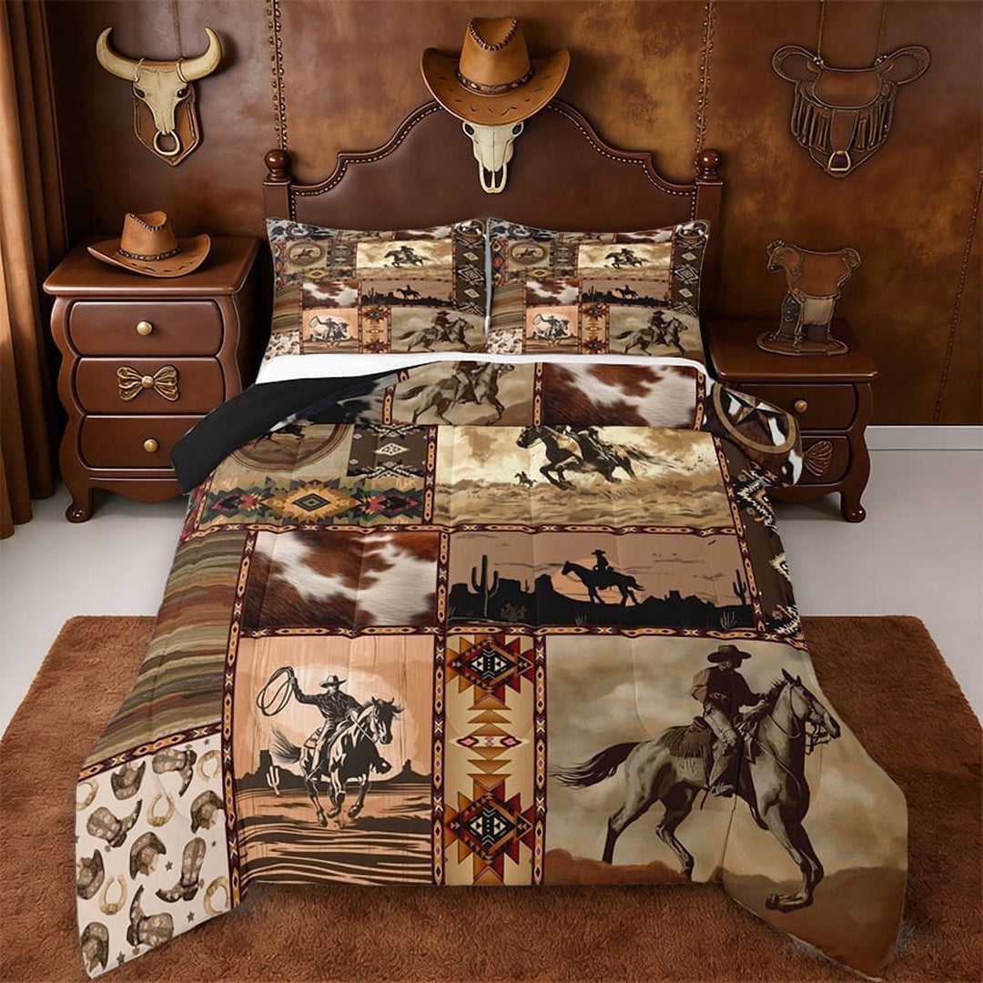 Erosebridal Retro Bohemian Aztec Geometric Full Size Comforter Sets,Western Cowboy Rustic Cowhide Bedding Sets For Men,Reversible Black,3pcs