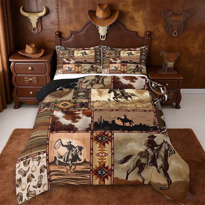 Erosebridal Retro Bohemian Aztec Geometric Full Size Comforter Sets,Western Cowboy Rustic Cowhide Bedding Sets For Men,Reversible Black,3pcs