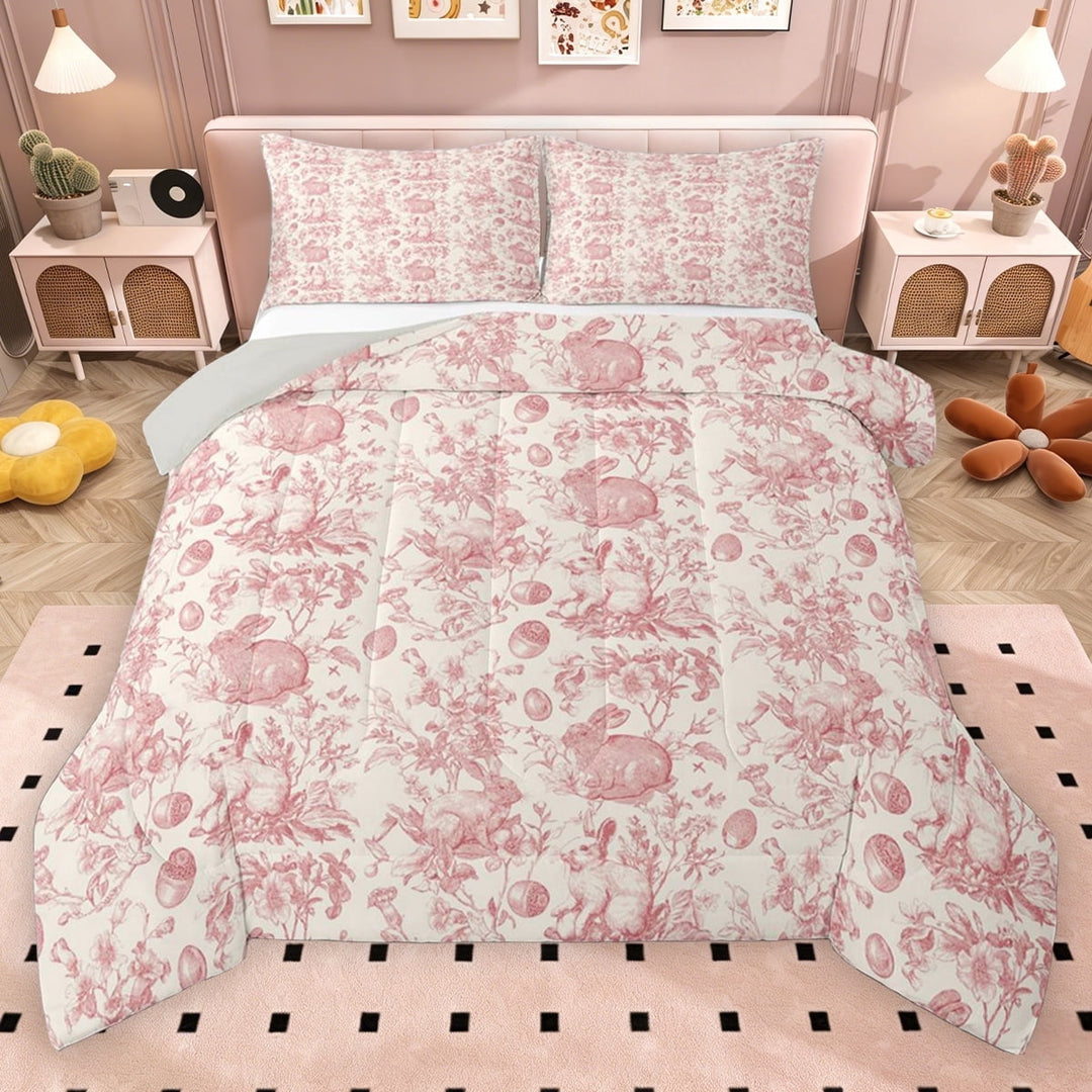 Erosebridal Vintage Rabbit Full Size Comforter Sets for Kids, Pink Beige Bedding Sets, Gray Reversible, 3pcs