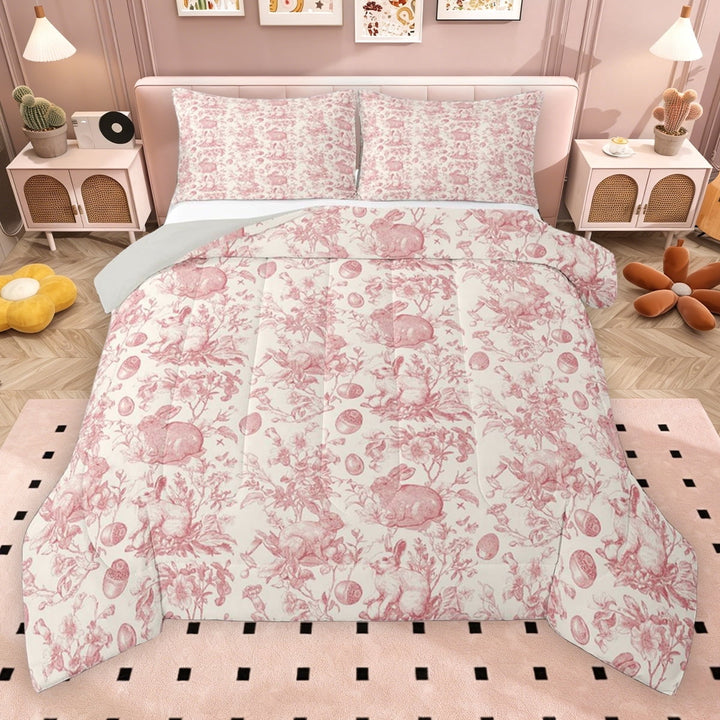 Erosebridal Vintage Rabbit Full Size Comforter Sets for Kids, Pink Beige Bedding Sets, Gray Reversible, 3pcs