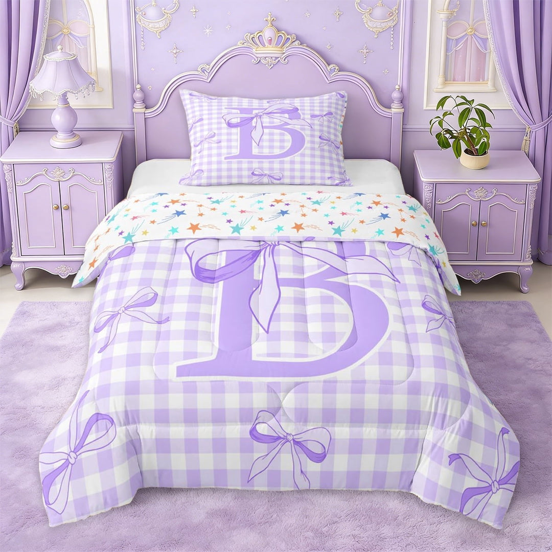 Erosebridal Letter B Monogram Theme Twin Comforter Sets,Purple Dreamy Princess Style Bedding Set For Kids Girls,Colorful Stars Reversible,2pcs