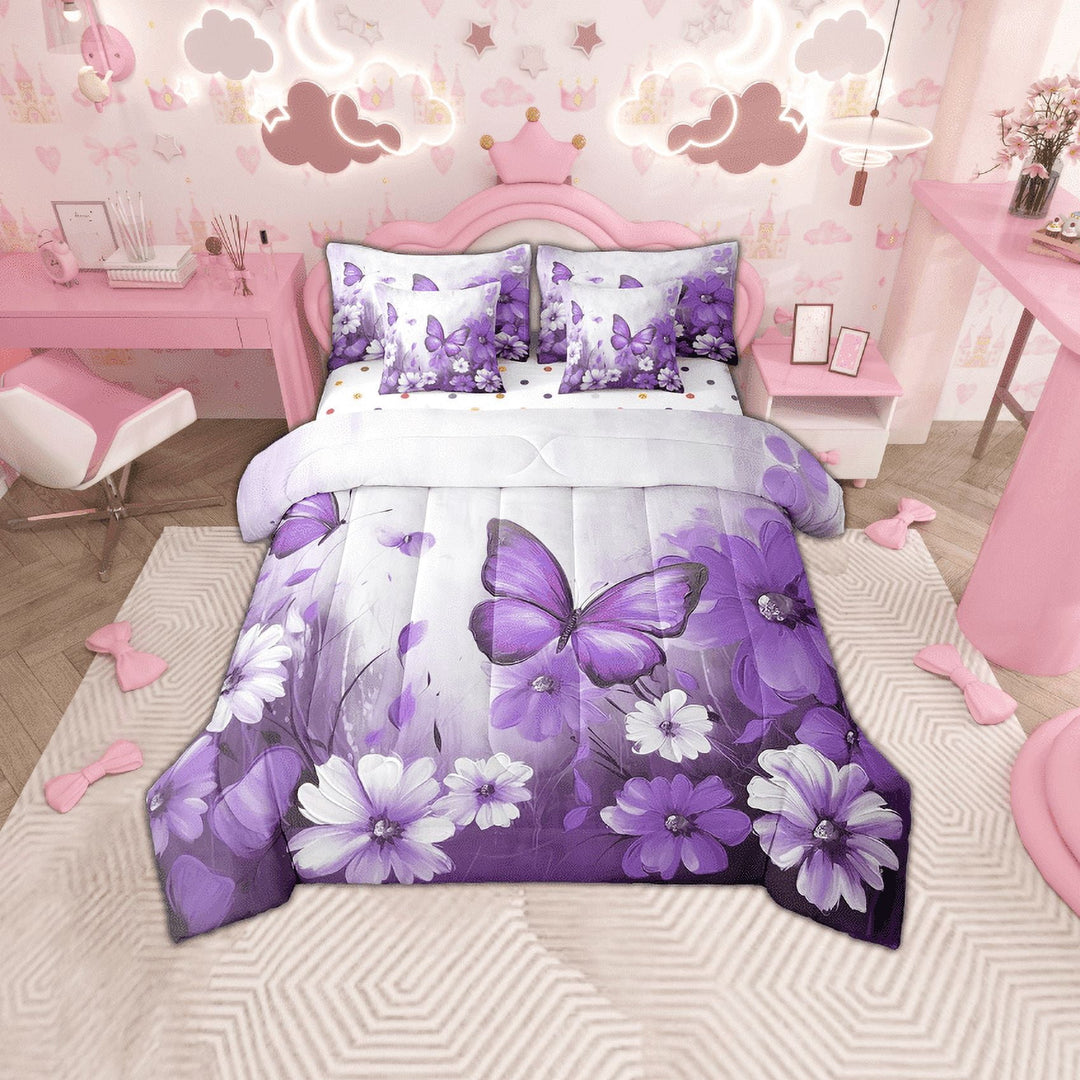 Butterfly Flowers Comforter Set 7 Piece Bed in a Bag Twin,Purple Ombre Art Oil Painting Floral Bedding Sets Rustic Aesthetic Animal Daisy Flower Sheet Set with Comforter