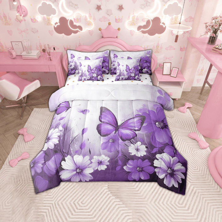 Butterfly Flowers Comforter Set 7 Piece Bed in a Bag Twin,Purple Ombre Art Oil Painting Floral Bedding Sets Rustic Aesthetic Animal Daisy Flower Sheet Set with Comforter