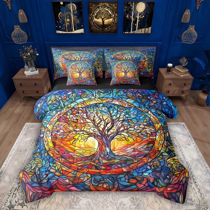Erosebridal Boho Tree of Life Bedding Comforter Set, Aesthetic Stained Glass Queen Bedding Sets, Black Reversible, 7 Pieces