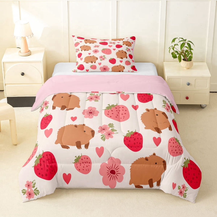 Erosebridal Cute Capybaras Twin Comforter Sets 3-Piece For Children,Pink Strawberry Flowers Bedding Set For Kids Boys Girls,Pink Reversible