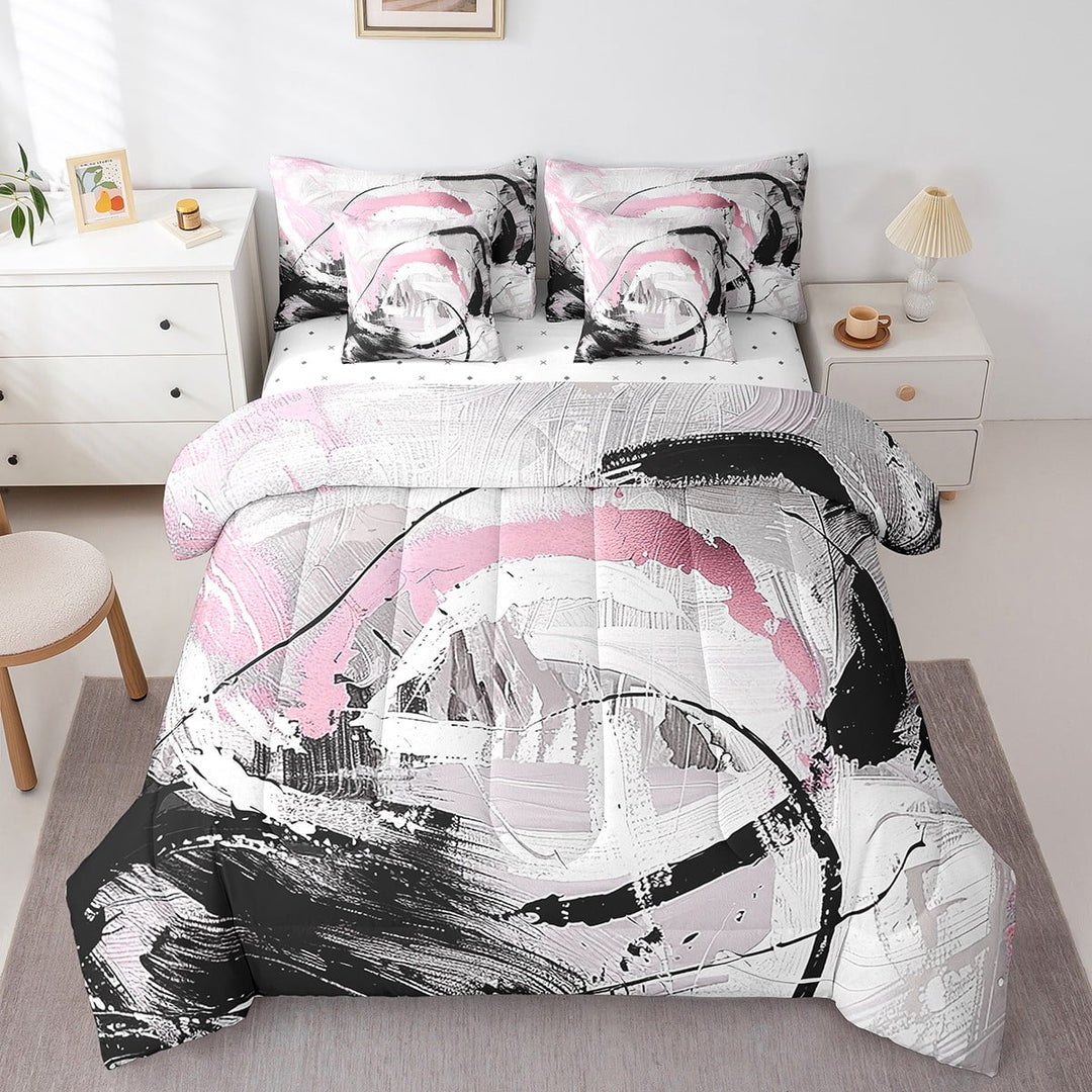 Pink Bed in a Bag Queen Comforter Set 7 Piece,Gradient Black White Grey Abstract Ombre Bedding Sets,Brush Oil Painting Contemporary Sheet Set with Comforter Vintage Graffiti Art Room Decor