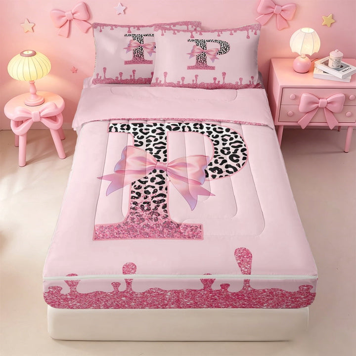 meiyoeat Girls Personalized Leopard Monogram P Zipper Full Size Comforter Sets with Fitted Sheet and 2 Pillowcases,Pink Coquette Bowknot Zipper Bedding Set For Bow Lovers,Pink Reversible,4pcs