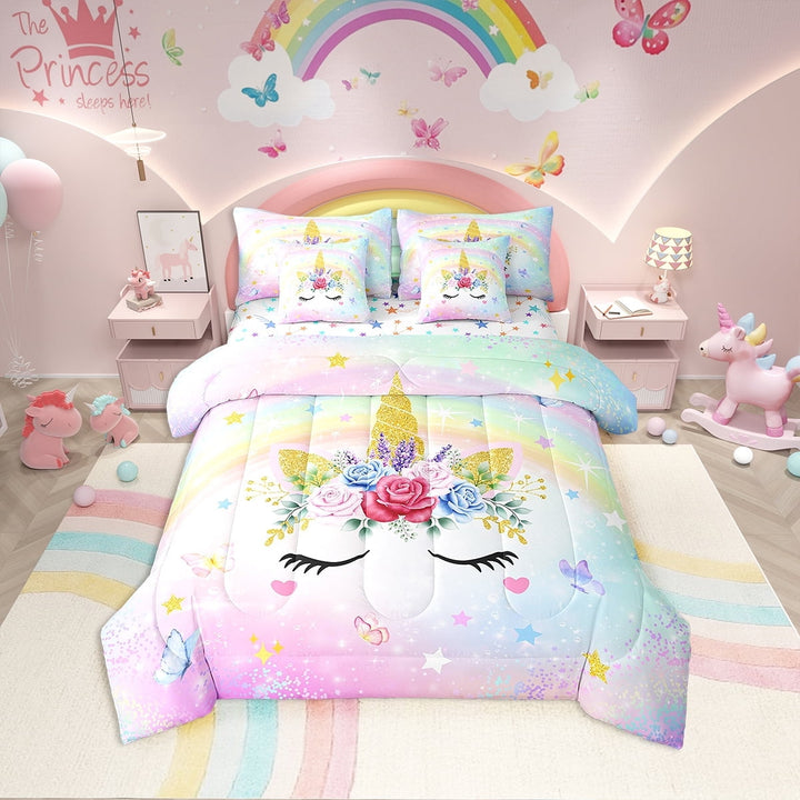 Erosebridal Kawaii Unicorn Bedding Sets Twin Size, Colorful Rose Comforter Sets with Sheets, Dreamy Rainbow Decor, Reversible