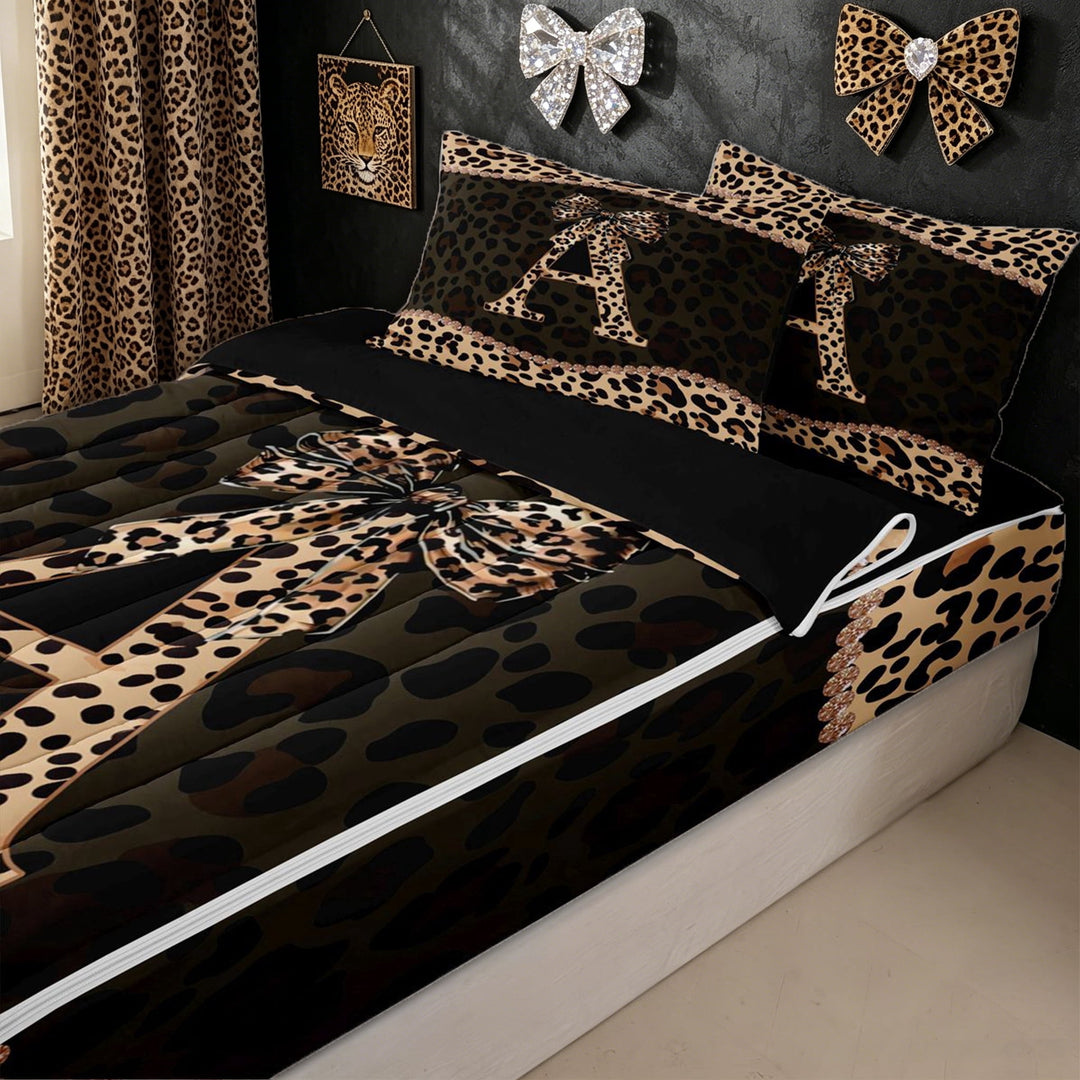 meiyoeat Leopard Print Letter A Zipper Twin Comforter Sets with Fitted Sheet and 2 Pillowcases for Girls, Bow Diamond Zipper Bedding Set, Brown Black, Black Reversible, 4-Piece