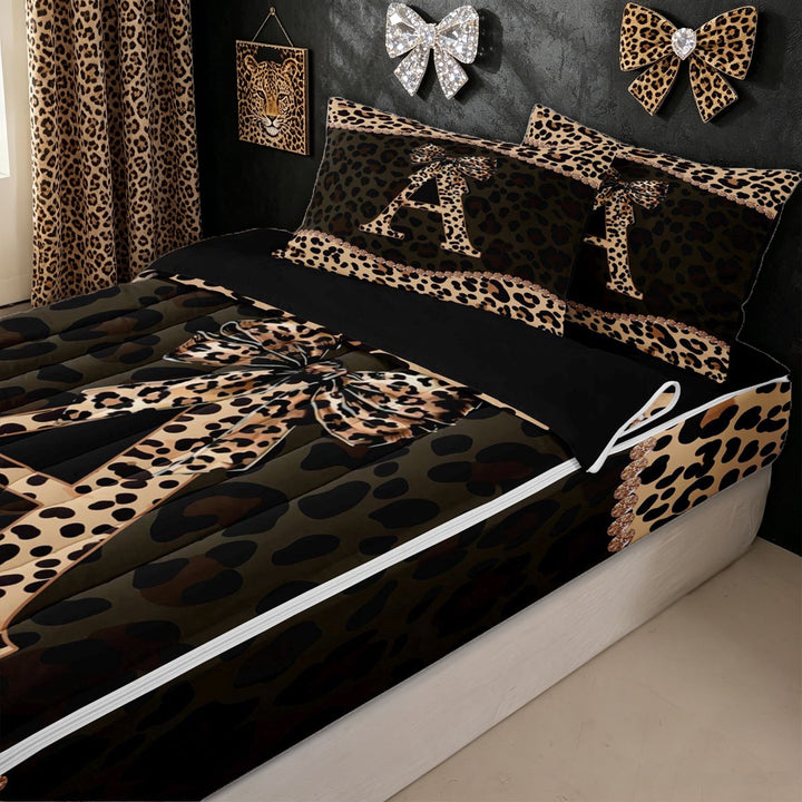 meiyoeat Leopard Print Letter A Zipper Twin Comforter Sets with Fitted Sheet and 2 Pillowcases for Girls, Bow Diamond Zipper Bedding Set, Brown Black, Black Reversible, 4-Piece