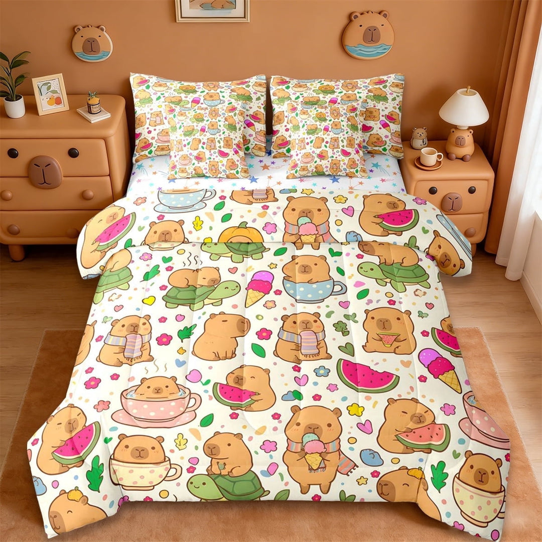 Erosebridal Cartoon Animals Capybara 7-Piece Twin Bedding Sets,Multicolor Cute Stars Kawaii Turtle Bedding Comforter Set For Kids Girls Reversible