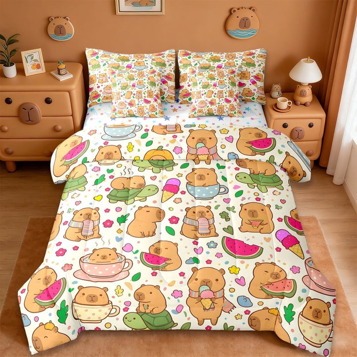 Erosebridal Cartoon Animals Capybara 7-Piece Twin Bedding Sets,Multicolor Cute Stars Kawaii Turtle Bedding Comforter Set For Kids Girls Reversible