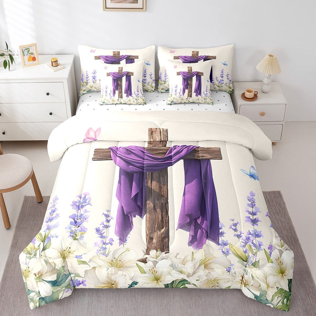 Erosebridal Christian Cross Print Bedding Sets Twin Size, Purple Flowers Comforter Sets with Sheets, Easter Decor, 7pcs