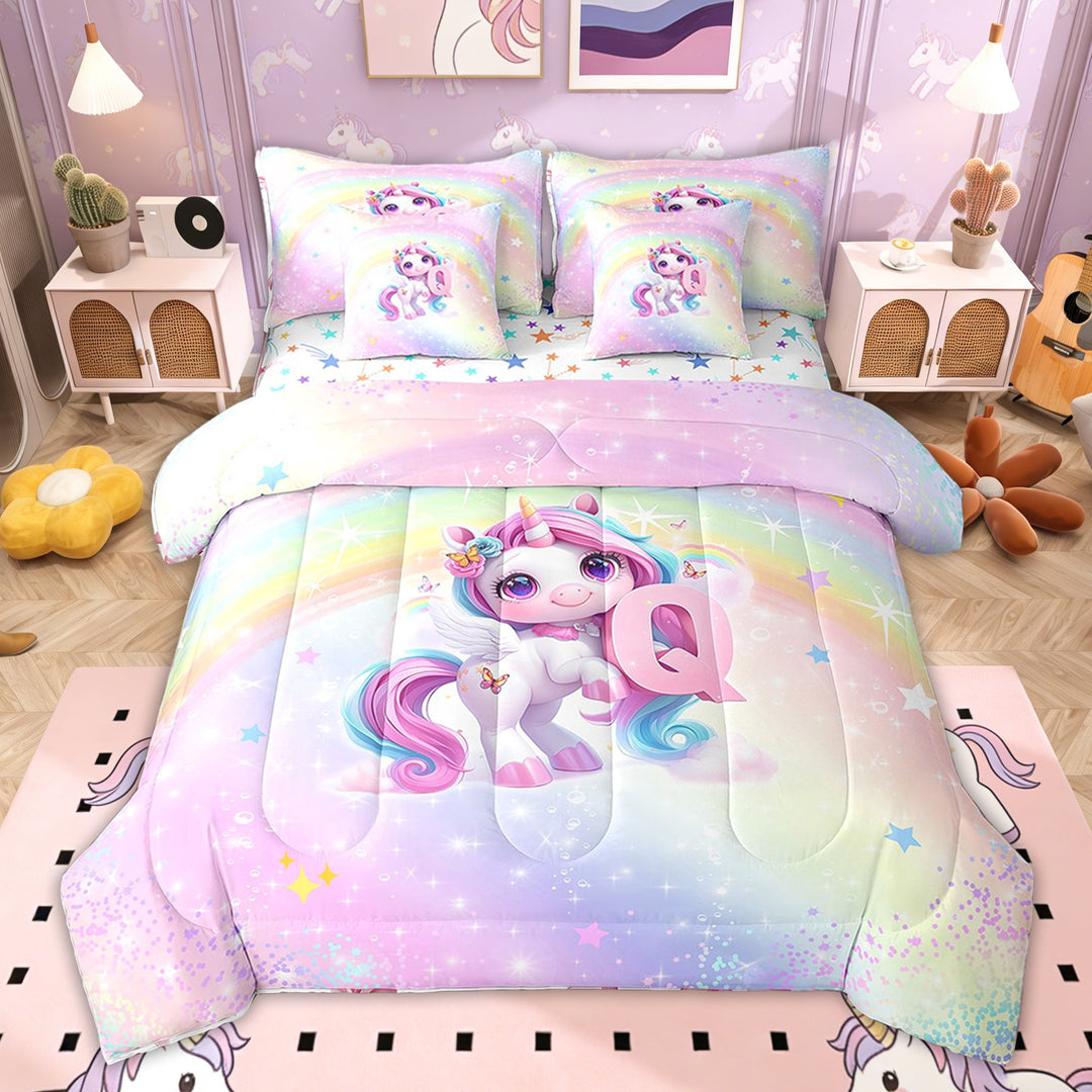 Erosebridal Initial Q Letter Bedding Sets Twin Size for Kids Girls, Cute Unicorn Rainbow Bedding Comforter Set, Colorful Stars Reversible 7pcs