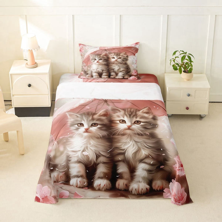 Erosebridal 3D Cat Print Twin Sheet Sets for Kid, Romantic Flower Bedding, 3pcs