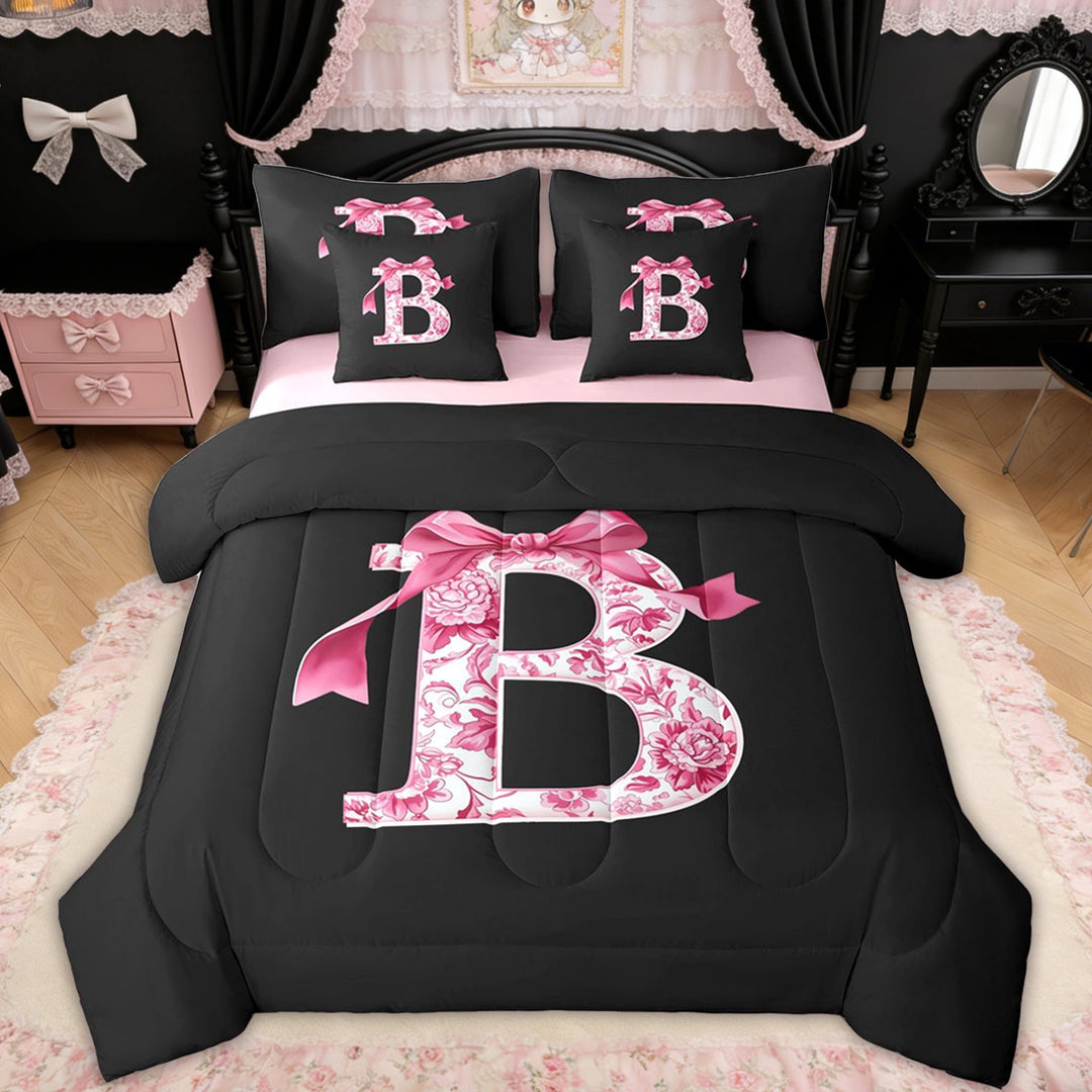 Erosebridal Floral Bow Letter B Twin Bedding Sets for Girls, Pink Initial Ribbon Bedding Comforter Set, Reversible, 7pcs