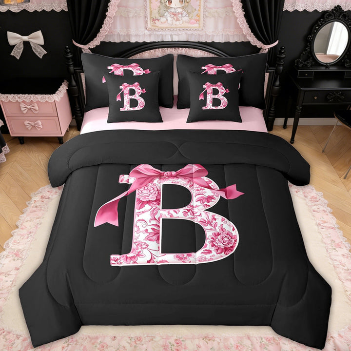 Erosebridal Floral Bow Letter B Twin Bedding Sets for Girls, Pink Initial Ribbon Bedding Comforter Set, Reversible, 7pcs