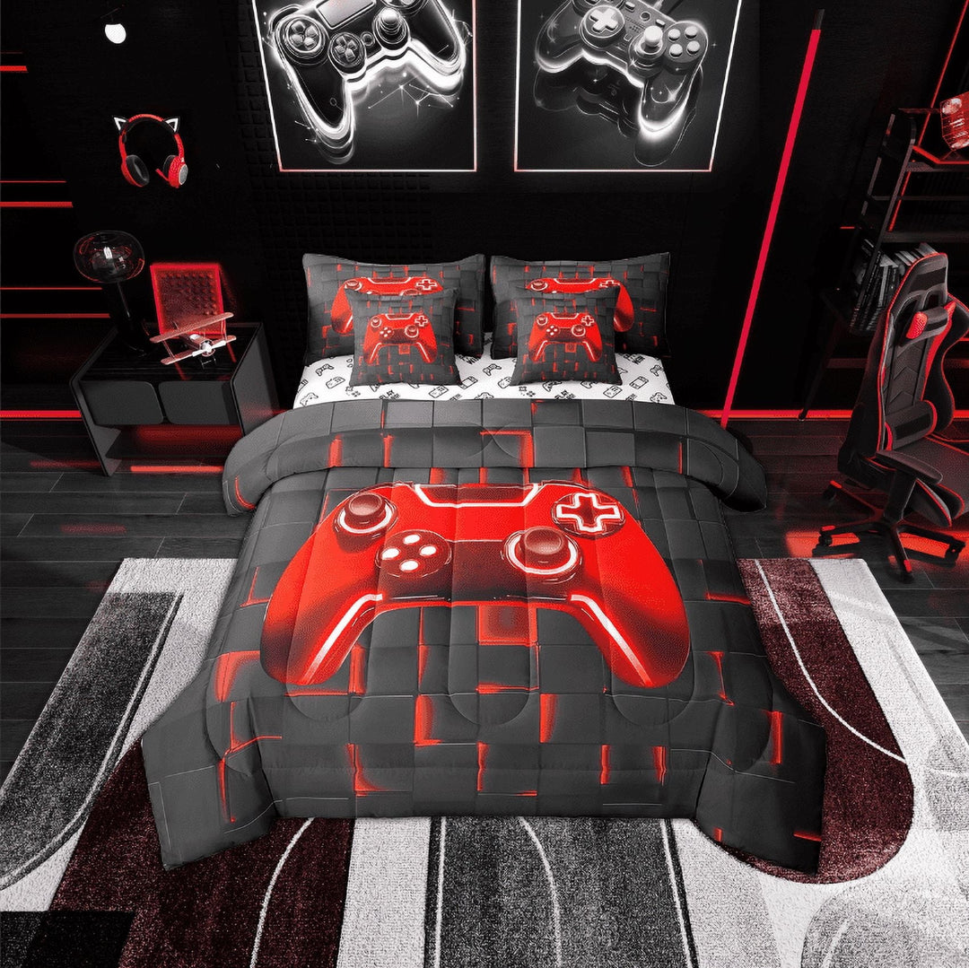 Erosebridal Gaming Bedding Twin Size, Red Neon Light Grid Comforter Sets with Sheets, Gamer Bedroom Decorative, Reversible 7pcs