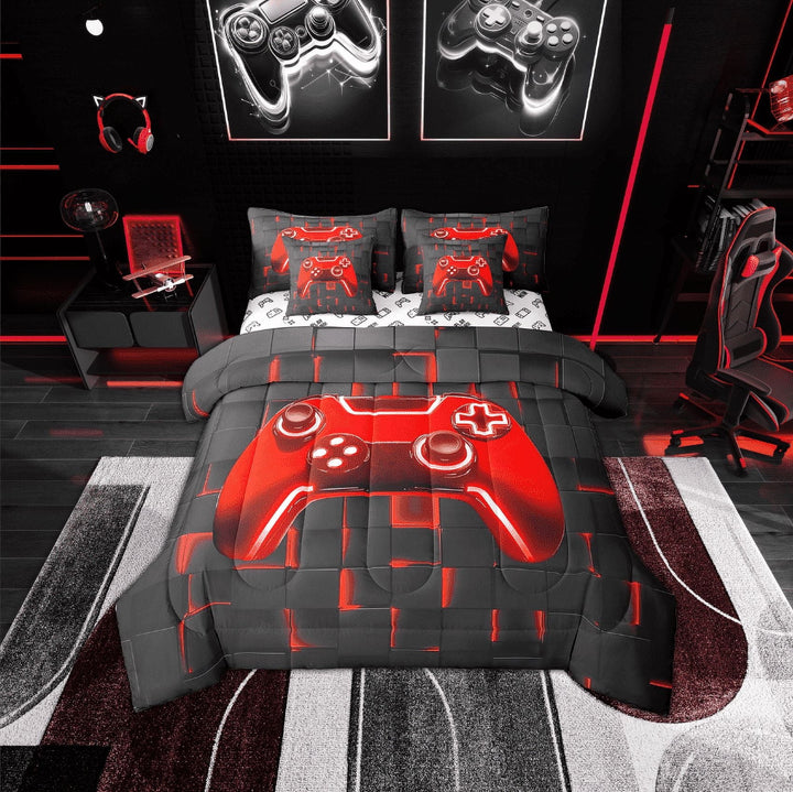 Erosebridal Gaming Bedding Twin Size, Red Neon Light Grid Comforter Sets with Sheets, Gamer Bedroom Decorative, Reversible 7pcs