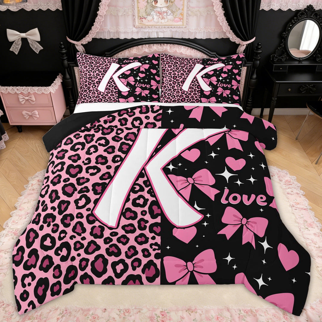 Erosebridal Leopard Print Letter K Full Size Comforter Sets for Girls, Pink Initial Ribbon Bedding Sets, Black Reversible, 3-Piece